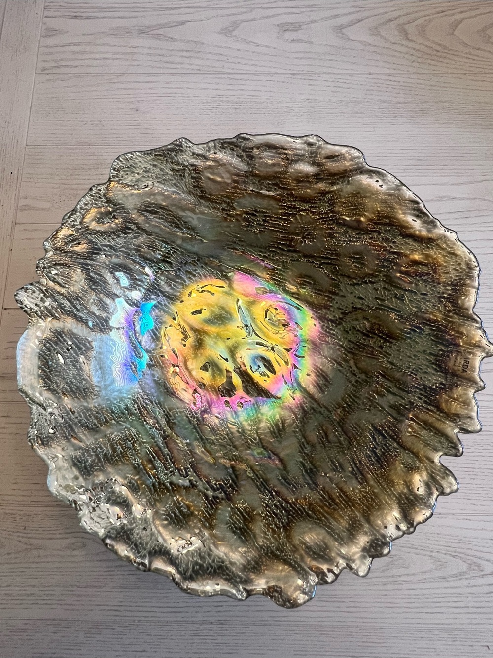 Arda Glass Large Iridescent Peacock Pattern Glass Art Decorative Bowl 15”- NWT!